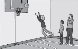 A picture of a basketball court with two students and a teacher. The first student is throwing the basketball toward the hoop. The second student is waiting in line. The teacher is blowing a whistle.