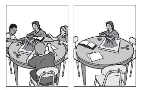 Image 1: Four children sit at a table, working together to build a volcano. Image 2: A girl sits at a table, building a volcano by herself.