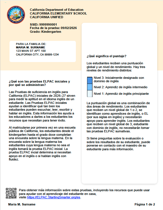 2026 Initial ELPAC Cover Spanish